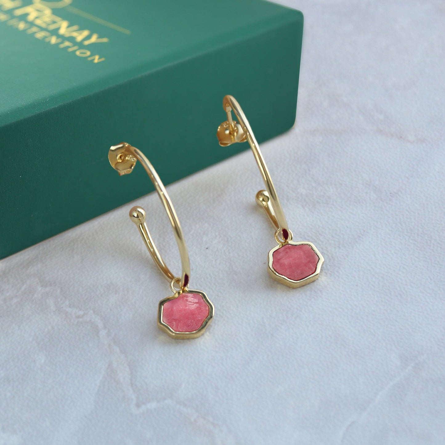 LOVE -Rhodonite Stone Charm & Hoop Earrings (Gold Vermeil)