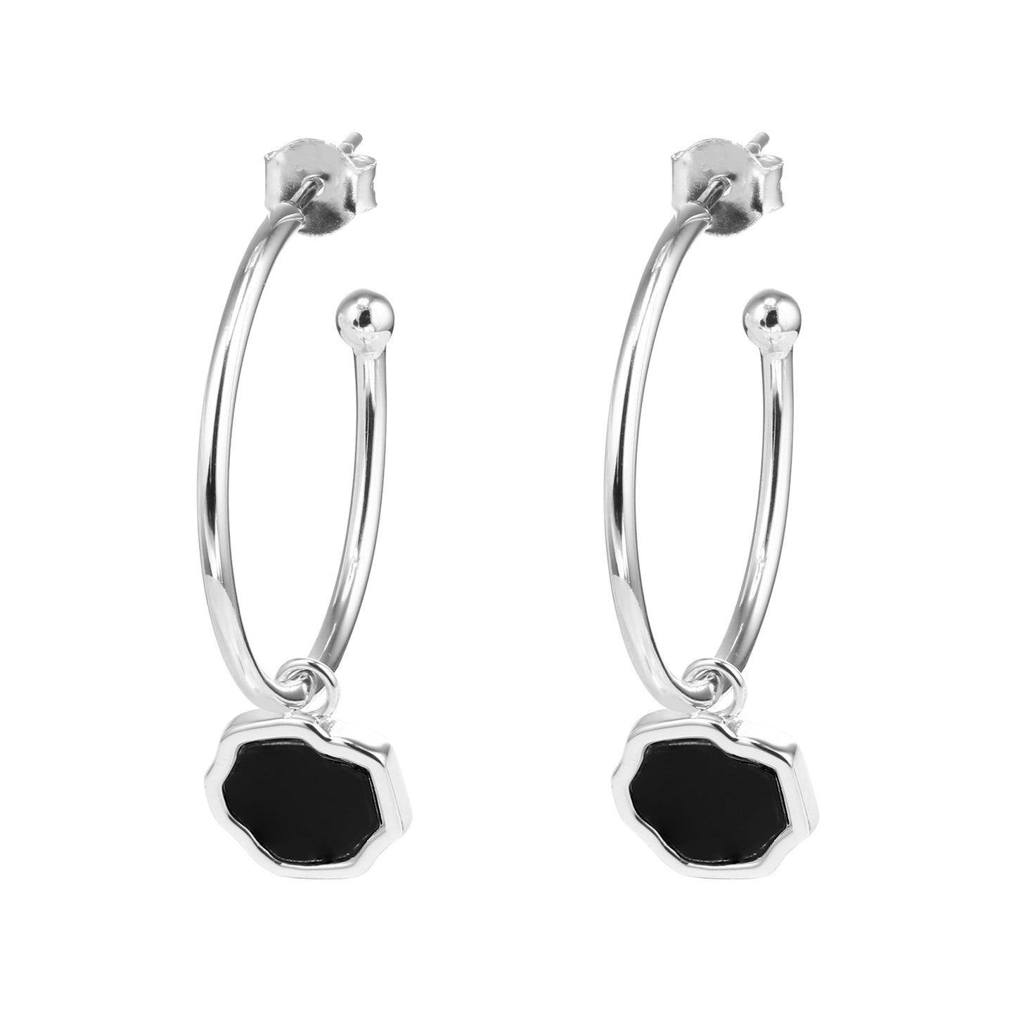 CONFIDENCE - Black Onyx Stone Charm & Hoop Earrings (Silver)