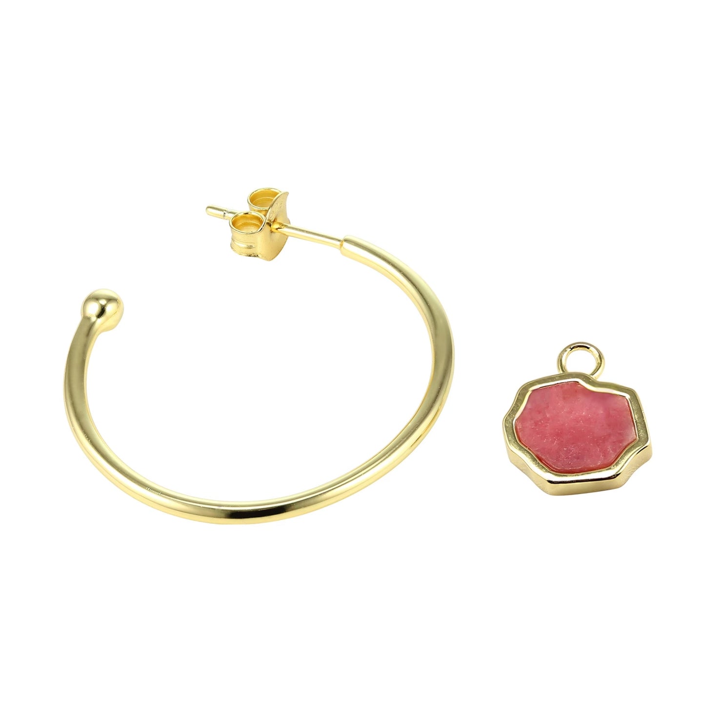 LOVE -Rhodonite Stone Charm & Hoop Earrings (Gold Vermeil)