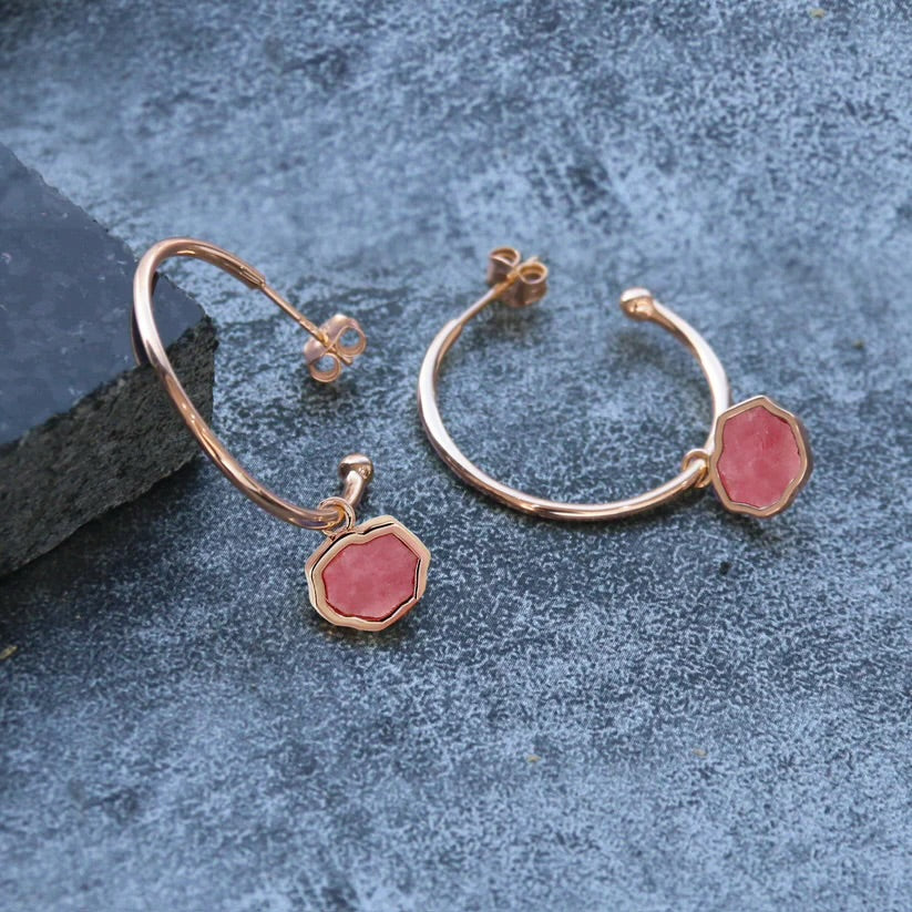 LOVE -Rhodonite Stone Charm & Hoop Earrings (Rose Gold)