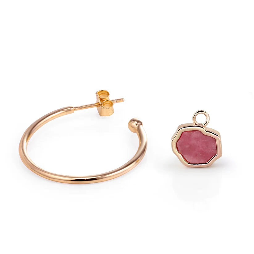 LOVE -Rhodonite Stone Charm & Hoop Earrings (Rose Gold)