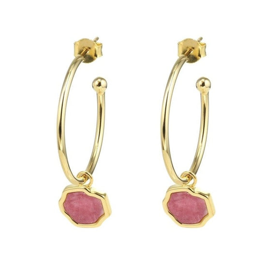 LOVE -Rhodonite Stone Charm & Hoop Earrings (Gold Vermeil)