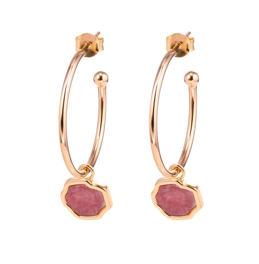 LOVE -Rhodonite Stone Charm & Hoop Earrings (Rose Gold)