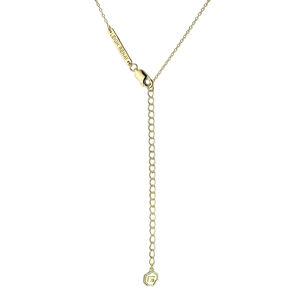 Adjustable necklace with Leigh Renay tag in 14k gold on white background